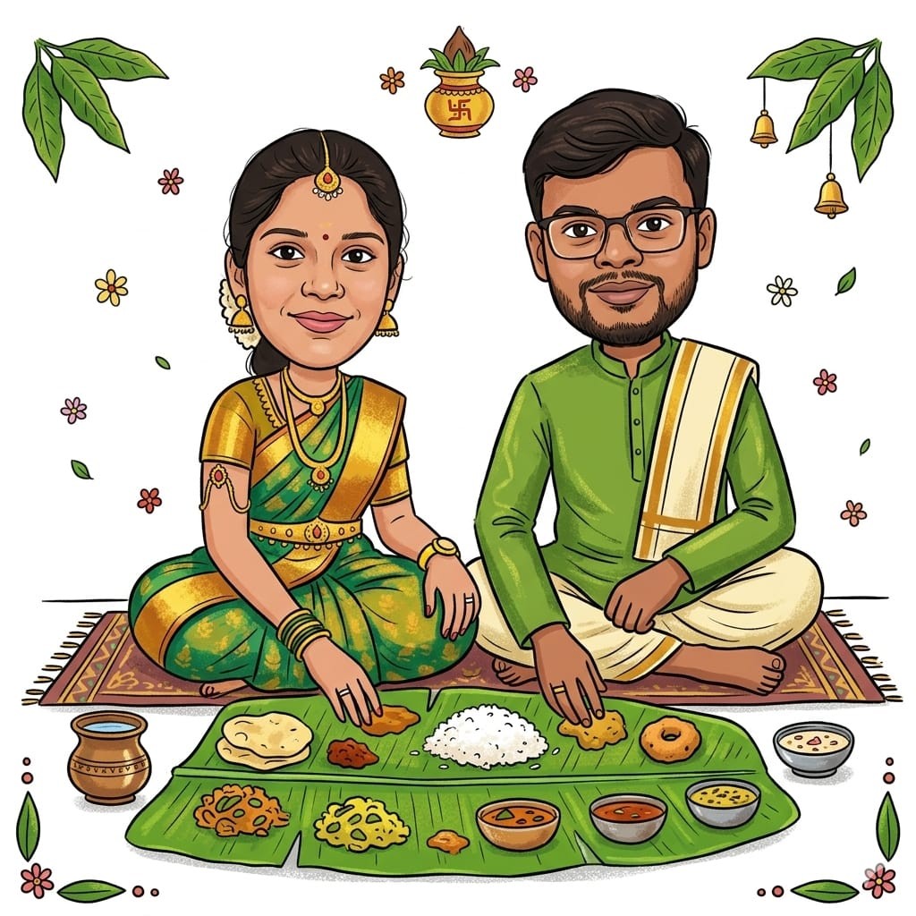 Illustration of a traditional South Indian feast — banana leaf meal with festive details.