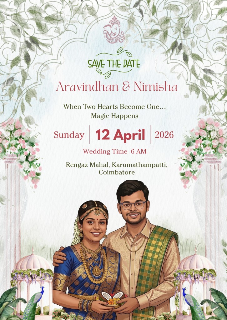 Illustrated save the date for Aravindhan and Nimisha — Sunday 12 April 2026, wedding at Rengaz Mahal, Karumathampatti, Coimbatore.